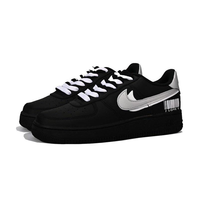 Custom Air Force 1 Shoes Double Swoosh Black Silver - Image 3