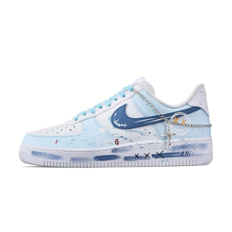Custom Air Force 1 Shoes Graffiti Smile Blue White