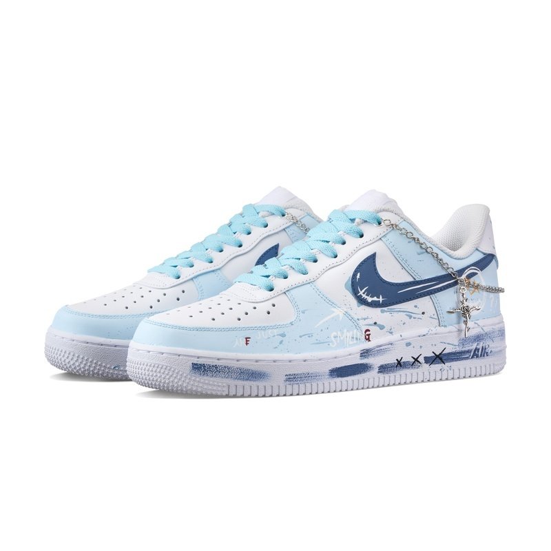 Custom Air Force 1 Shoes Graffiti Smile Blue White - Image 3