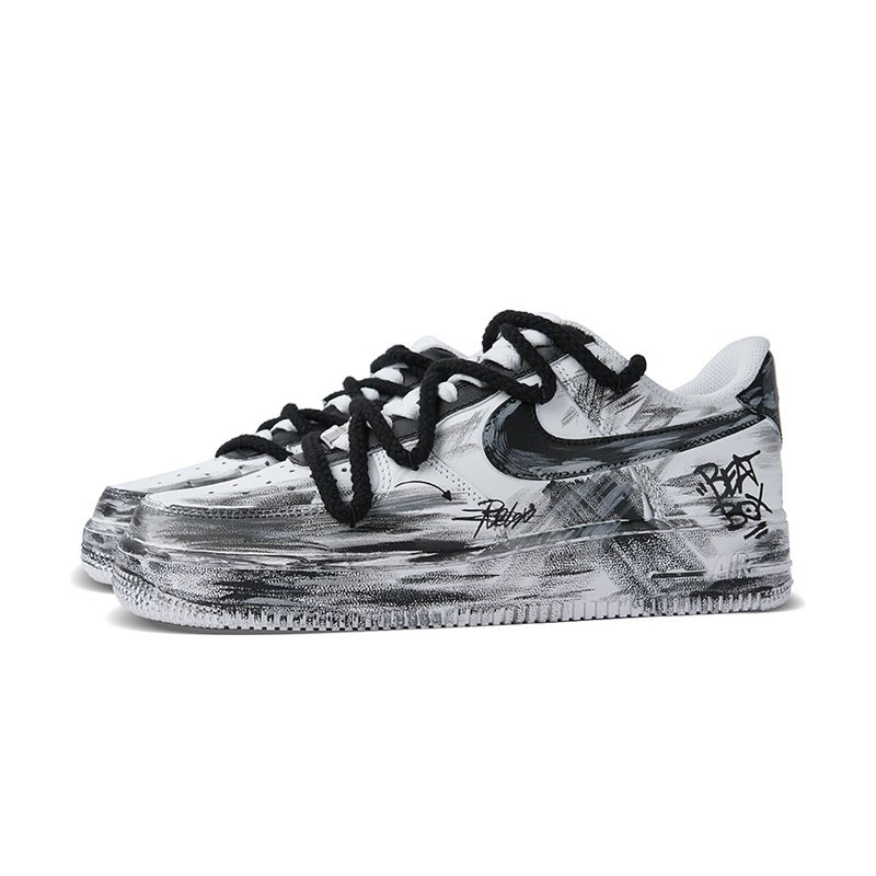 Custom Air Force 1 Shoes Shadow Track Black White - Image 3