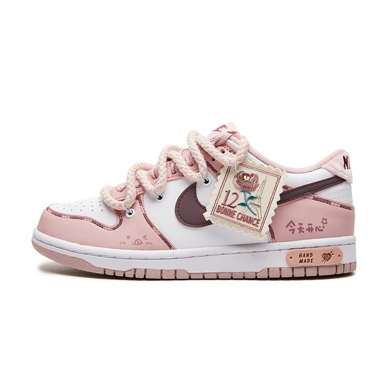 Custom Dunks Shoes Rose Stamp Pink White